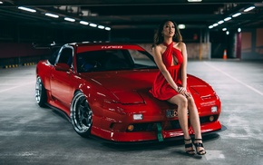 girl, vehicle, red dress, model, Nissan 240SX, car
