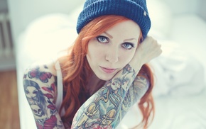 redhead, hat, tattoo, eyes, girl