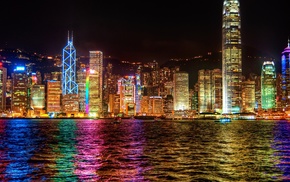 cityscape, skyscraper, Hong Kong, colorful, city, lights
