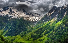 landscape, spring, snowy peak, forest, nature, Swiss Alps