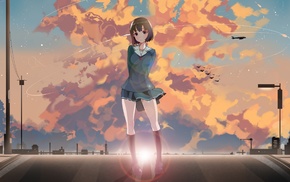 anime girls, airplane, school uniform, clouds, sunset, Saenai Heroine no Sodatekata