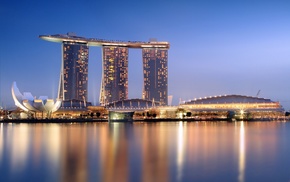 lights, Singapore, city lights, building, sea, reflection