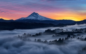 Oregon, colorful, mountains, mist, forest, sky