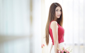 model, girl, Asian, flowers