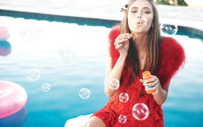bubbles, swimming pool, red dress, Nina Dobrev