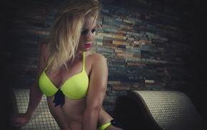 girl, blonde, yellow bra, model