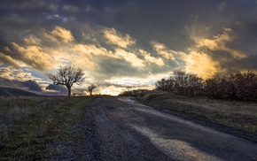 clouds, road, landscape, trees