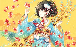kimono, anime girls, original characters, anime, fish, Japanese clothes