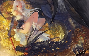 dragon, gold, original characters, anime, anime girls, crown