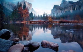 mist, trees, river, mountains, nature