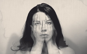 monochrome, hands, double exposure, girl, photo manipulation, face