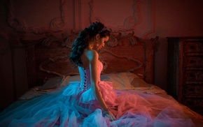 model, corset, girl, bed, dress
