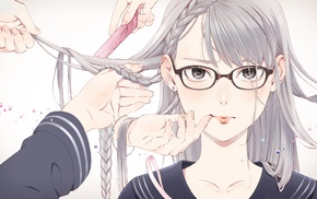 braids, anime girls, white hair, original characters, glasses, anime