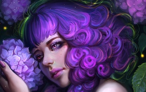 fantasy art, purple hair, artwork, girl, curly hair, purple flowers