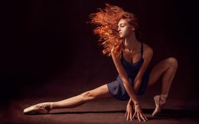 ballerina, girl, long hair, redhead, bare shoulders, blue dress