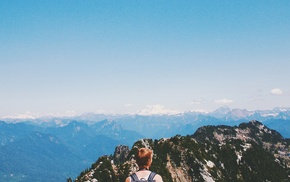 landscape, nature, girl, forest, mountains, clear sky