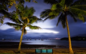 bench, lights, sea, nature, coast, evening
