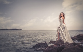 dress, model, girl, sea, rock, girl outdoors