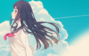 sky, school uniform, anime girls, long hair, blushing, clouds