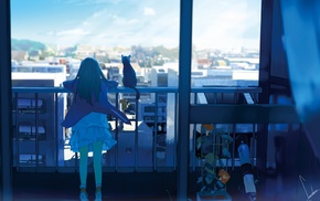anime girls, cat, balcony, city, window, anime