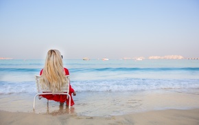 sitting, girl, beach, blonde, chair, sea