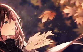 leaves, fall, original characters, anime girls, long hair