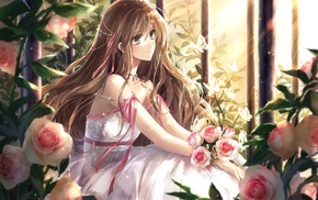 white dress, anime girls, ribbon, anime, rose, original characters