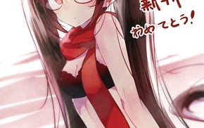 cleavage, bra, original characters, twintails, scarf, glasses