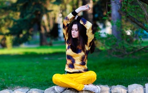 sitting, model, arms up, girl, girl outdoors