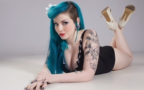 tattoo, looking at viewer, girl, high heels, blue hair, model