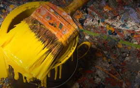 paintbrushes, paint splatter, painting, yellow, paint can