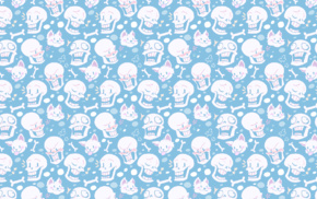 cat, faded, blue background, digital art, teeth, skull