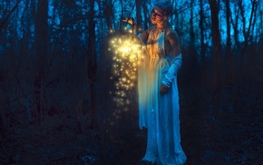 fantasy art, girl, girl outdoors, trees, lantern, night