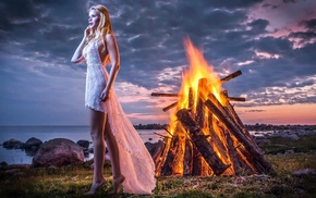 fantasy art, barefoot, girl, clouds, fire