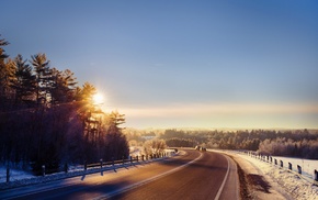 winter, landscape, sunlight, road