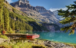 landscape, mountains, lake, trees, water, boat