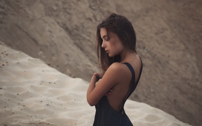 sand, girl, hand on  boobs, portrait, black dress