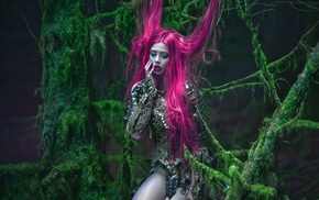 pink hair, fantasy art, girl outdoors, A. M. Lorek, model