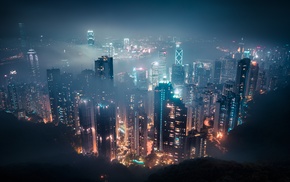 night, cityscape, Hong Kong, mist