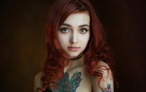 portrait, simple background, tattoo, face, redhead, Olga Vishes