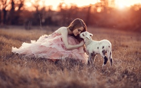 girl, model, girl outdoors, lamb, animals