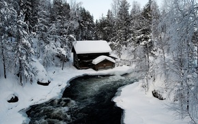 nature, trees, ice, river, cabin, snow