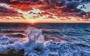 sunset, nature, waves, HDR, water, clouds