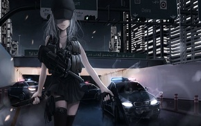 police, anime girls, FN P90, highway, anime