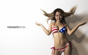 simple background, Stars and Stripes, bikini, Asian, girl, smiling