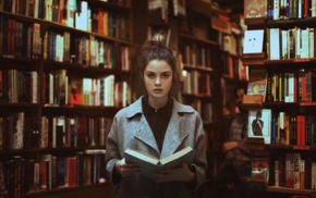 girl, reading, books, brunette
