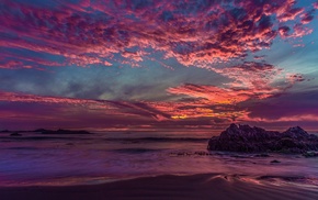 landscape, California, bay, rock, sea, sunset