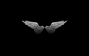 wings, monochrome, feathers, digital art, black background, angel