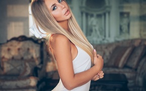 girl, white dress, blonde, looking at viewer