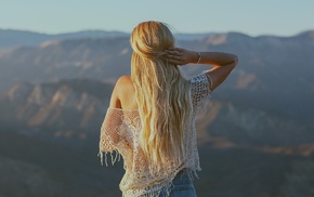 girl, hands on head, long hair, blonde